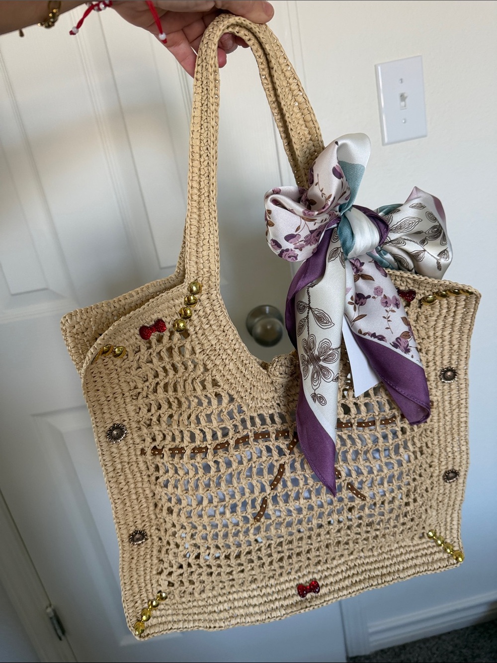 H&M Beige Woven Tote with Purple Floral Scarf Accent